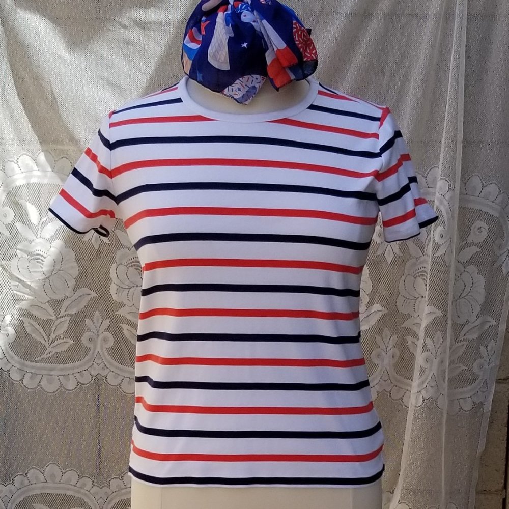 LANDS' END Women's XL white blue red striped cotton crew neck short sleeve top